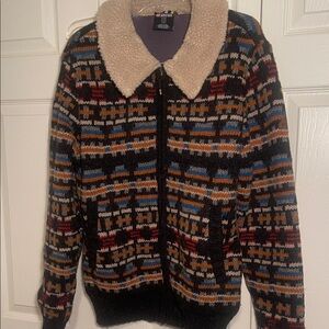Wool Patterned Jacket Lined with Faux Shearling Collar